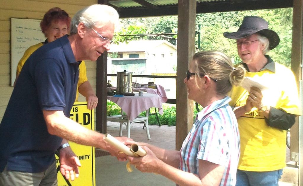 Tweed mayor Barry Longland receives a CSG-free declaration from Chillingham resident Christine McKinnon as Lock the Gate - Tweed’s Michael McNamara looks on. Tweed mayor Barry Longland receives a CSG-free declaration from Chillingham resident Christine McKinnon as Lock the Gate - Tweed’s Michael McNamara looks on.